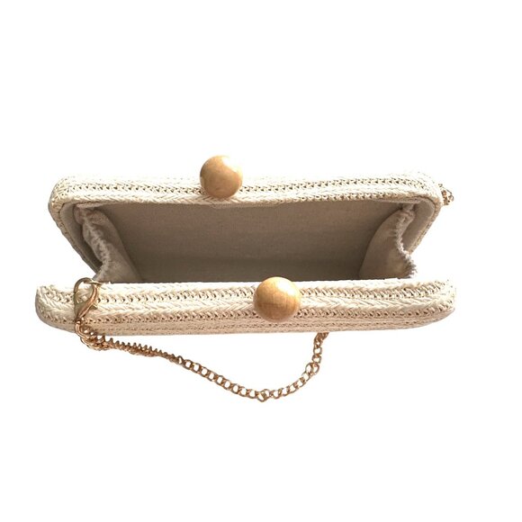 Haute Hippie Straw Hard Case Embroidered Gold Chain Crossbody Boho Bag - Picture 6 of 8